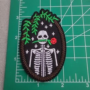 Portrait Skeleton Embroidered Patch with Red Rose